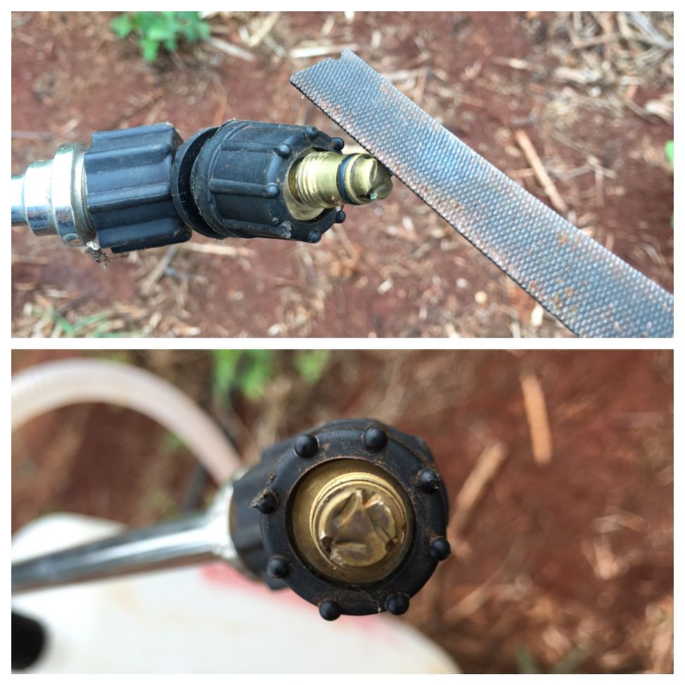 Remove brass nozzle tip and file tip to create channels for chemical to pass.