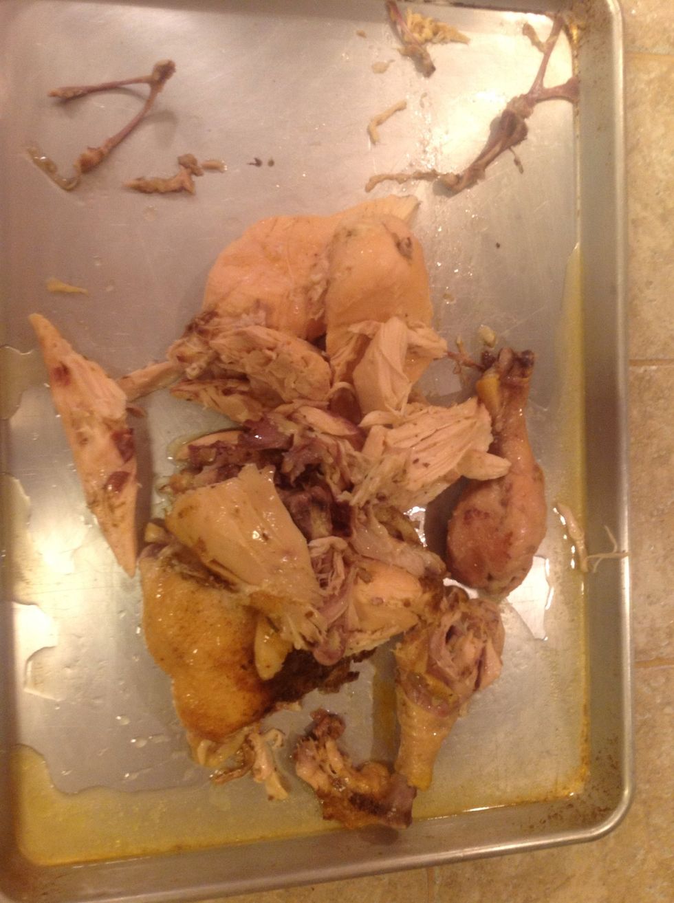 Remove chicken from crockpot. This is a challenge because chicken will literally fall apart. Remove skin and separate bones.