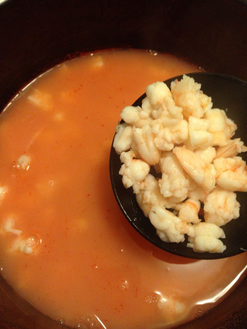 Remove cooked shrimp set aside and refrigerate the shrimp stock and shrimp.