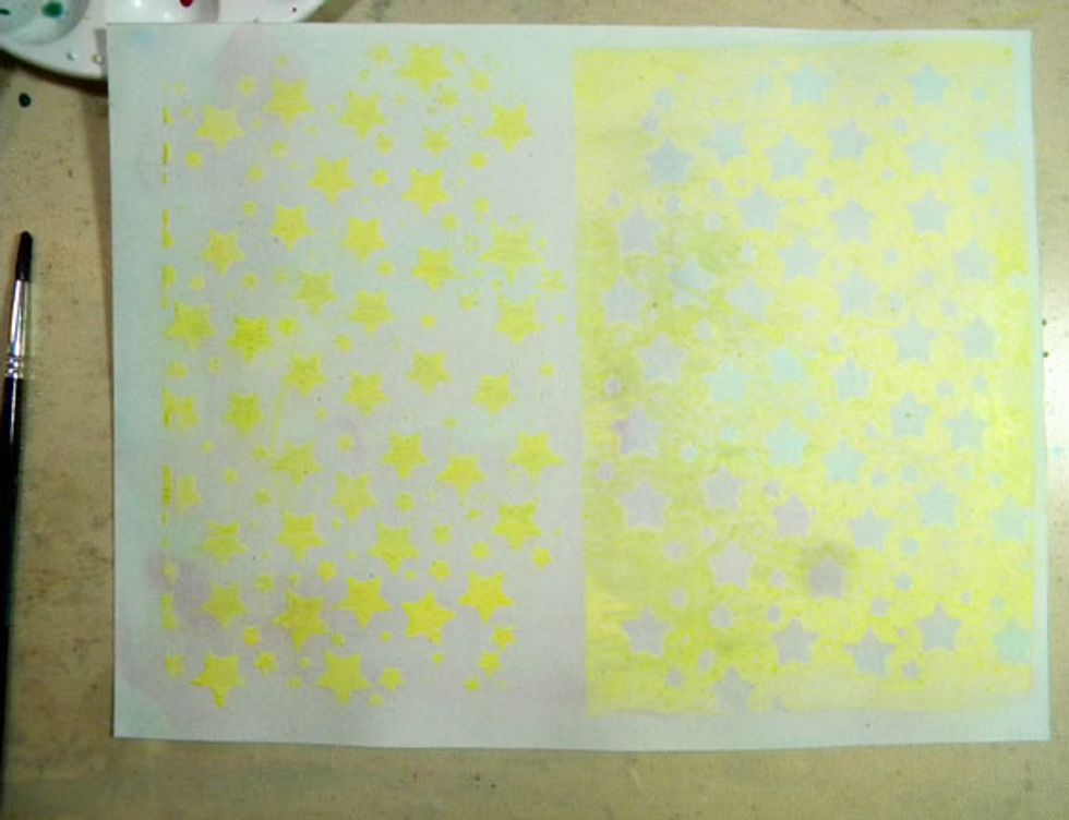 Remove excess with paper towel, dry with heat gun, or allow to air dry. The paint acts as a resist and the Minx Inks stain the unpainted paper, resulting in a beautiful, subtle background color.