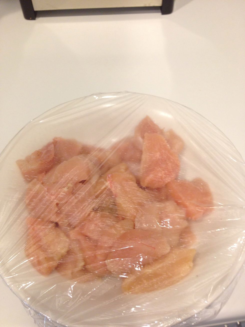 Remove fat and Cut chicken breast into pieces