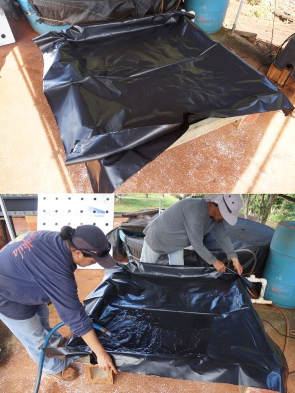 Remove foam board. Using 4 mil black plastic liner, cut plastic so that there is 8 inches hanging over each side. Begin filling plastic with water.