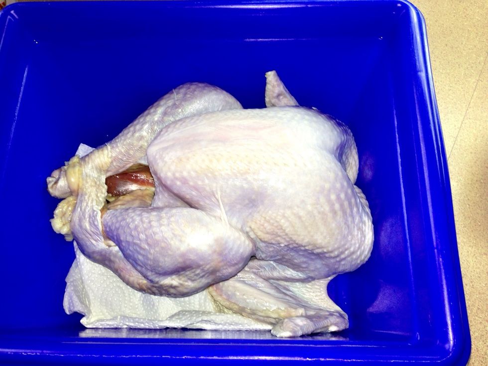 Remove from brine and rinse well with cold water inside and out. Discard the brine solution and dry the container and turkey. Cover with Saran wrap and return to fridge until ready to cook.