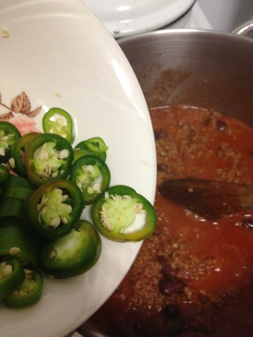 Remove from heat and add chillies. Add salt and pepper to taste.