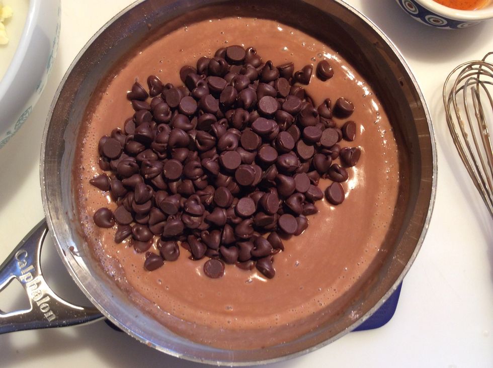 Remove from heat and add the 1 cup of chocolate chips. Let sit a minute ...