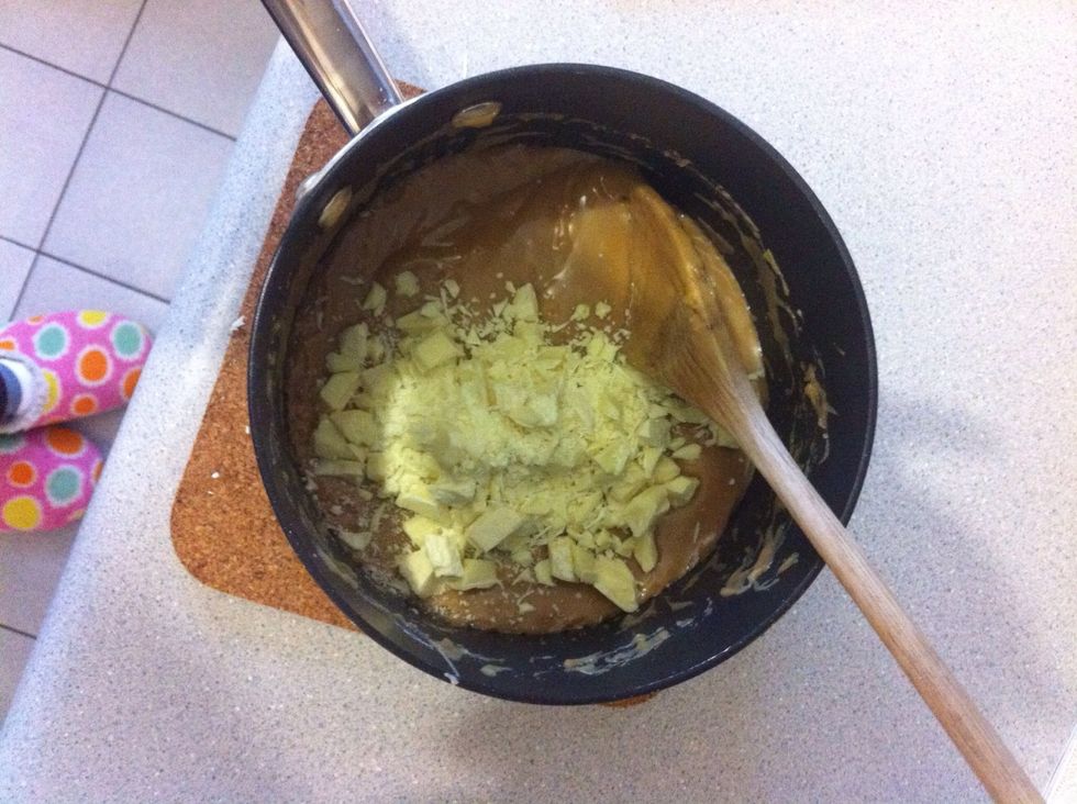 Remove from heat and stir in half the chocolate - you'll need to work quickly here.