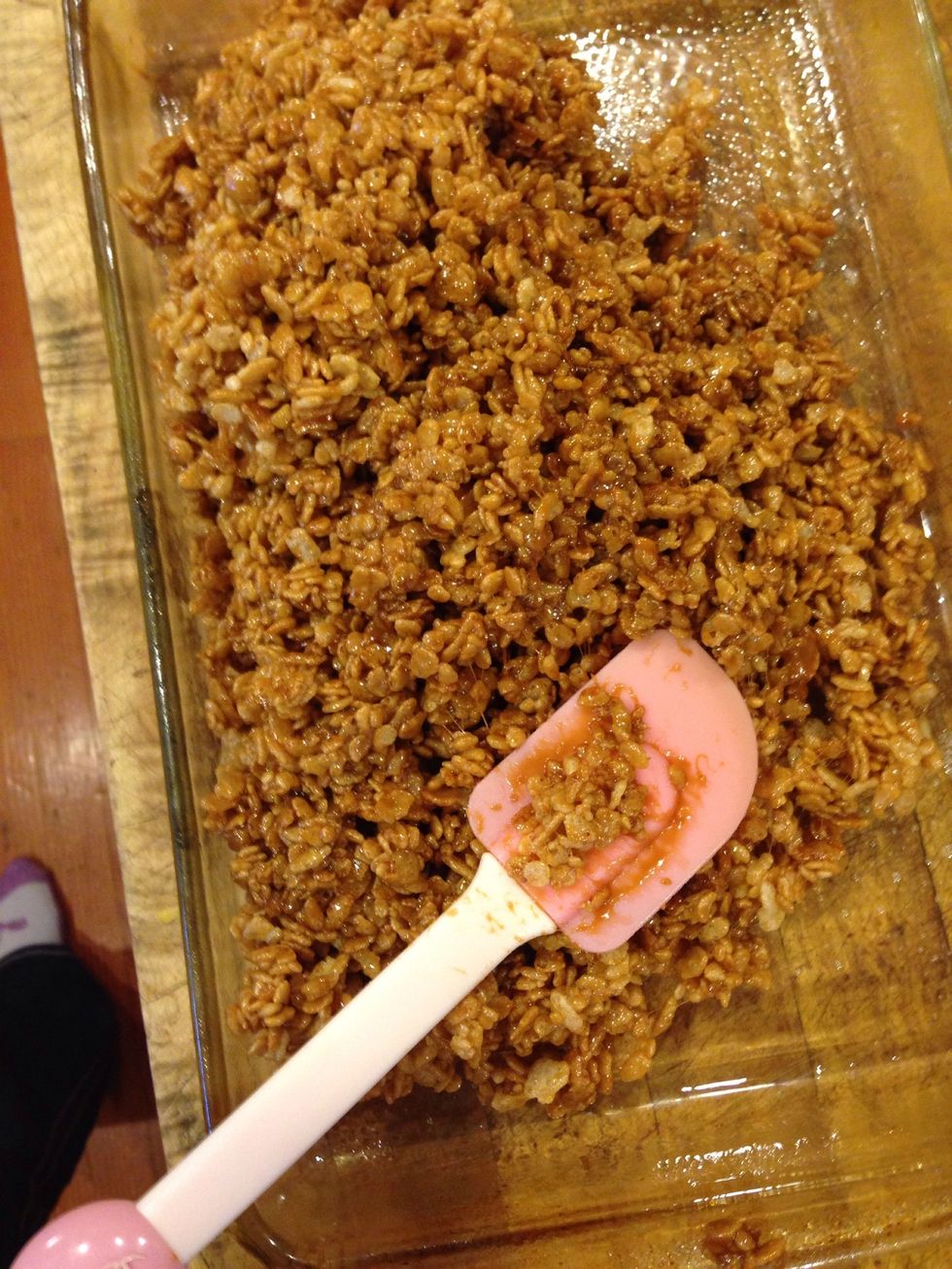 Remove from heat and stir in Rice Krispies. Spread in pan with a rubber spatula.