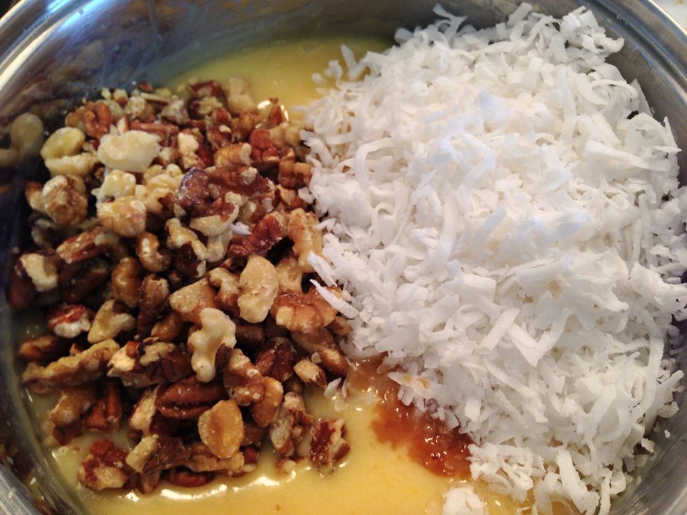 Remove from heat and stir in the vanilla, coconut and pecans.