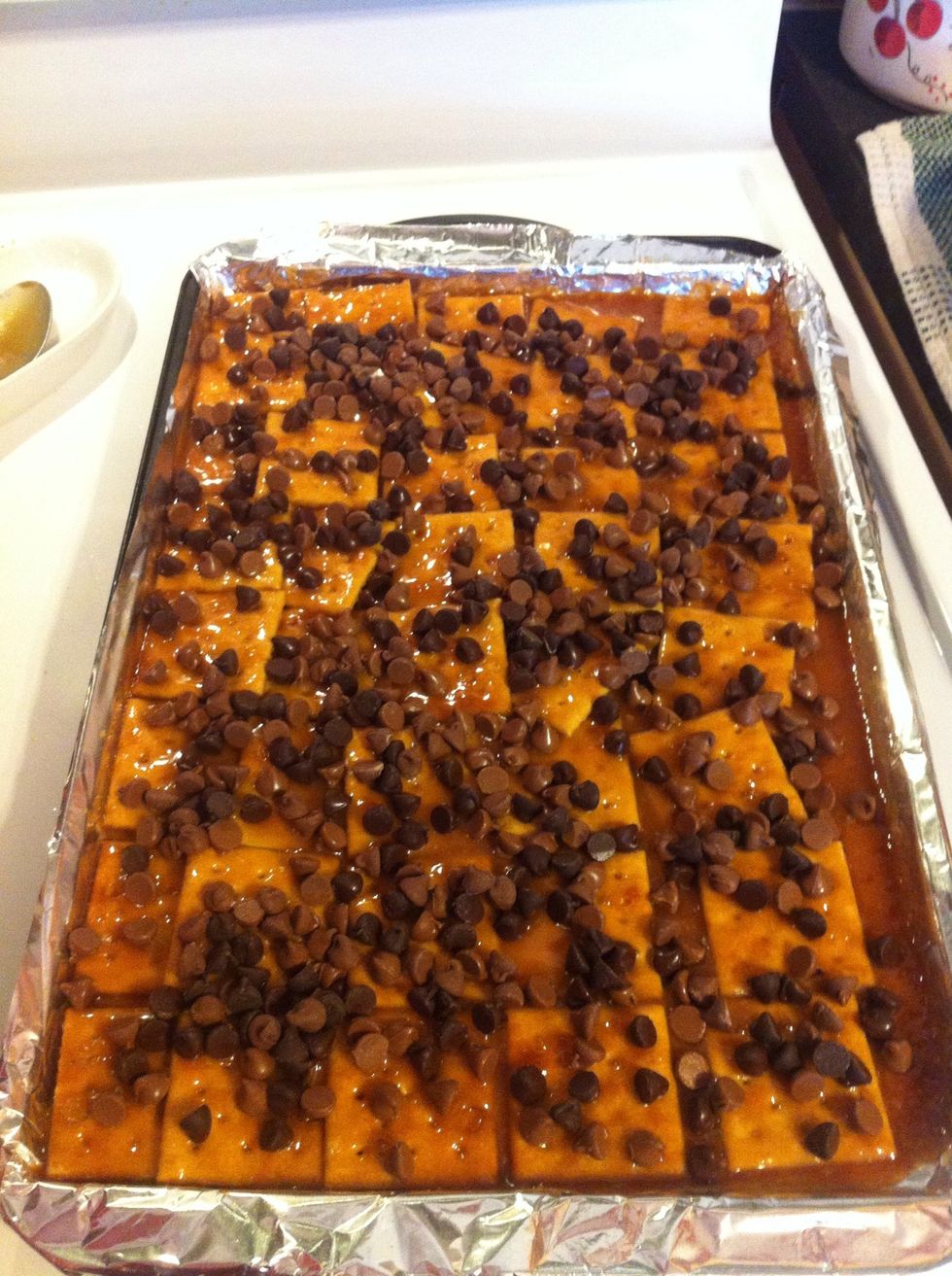 Remove from oven and sprinkle all chocolate chips evenly over crackers. Place back in oven for 3-4 minutes. Remove and spread melted chocolate.