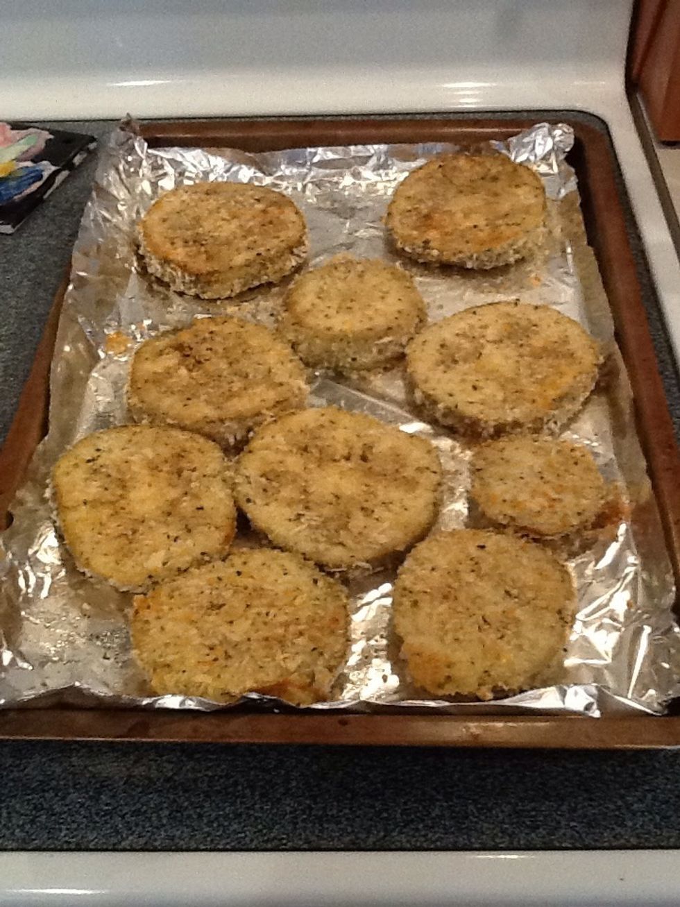 Remove from oven, flip eggplant slices, and bake for another 20 minutes.  Much healthier than frying (and less mess, too!)