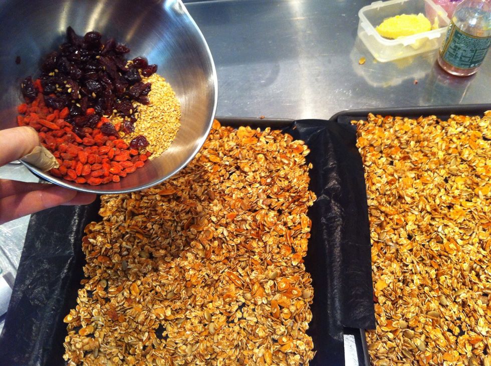 Remove from oven sprinkle on berries and flax seeds