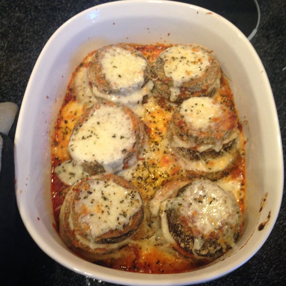 Remove from oven when cheese bubbles and starts to turn golden brown.