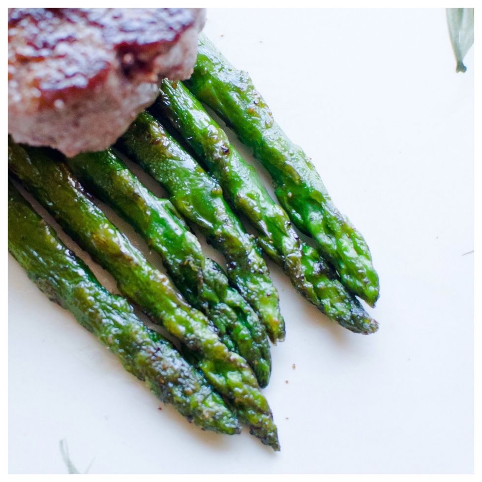 Remove from pan and your about done! Asparagus will continue to cook a little after its removed. I was plating a Filet Mignon which was my protein, that allowed a minute for my asparagus to finish!