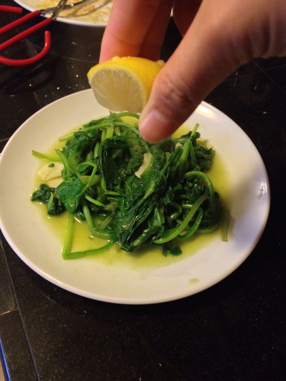 Remove from the heat and add lemon juice, pepper or salt and crushed red pepper. Toss to coat and serve immediately.