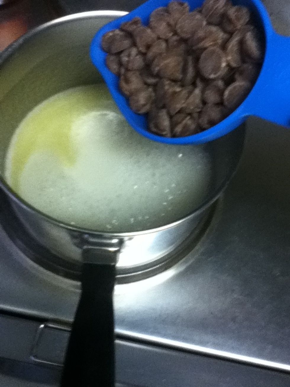 Remove from the heat and stir in the vanilla extract and chocolate chips.
