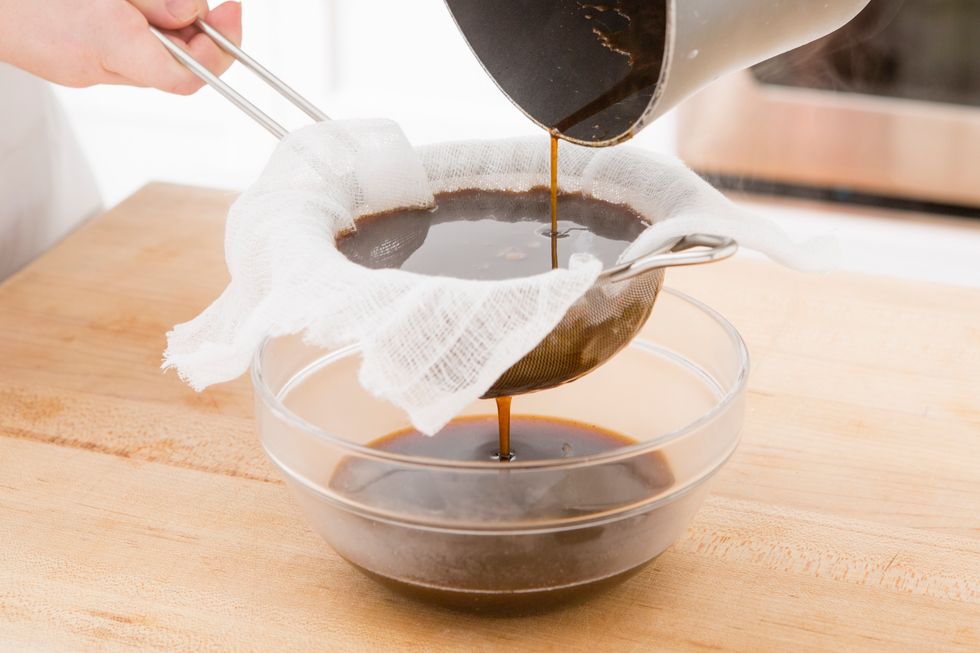 Remove from the heat and strain through a strainer lined with cheese cloth or a very thin tea towel. Make sure to strain while the syrup is still hot.