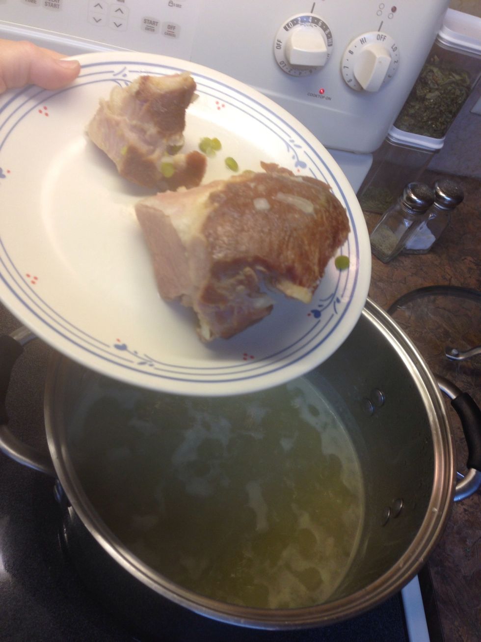 Remove ham. Let cool just so you can handle, and cut into bite size pieces, trimming off excess fat, etc and return ham pieces to soup.