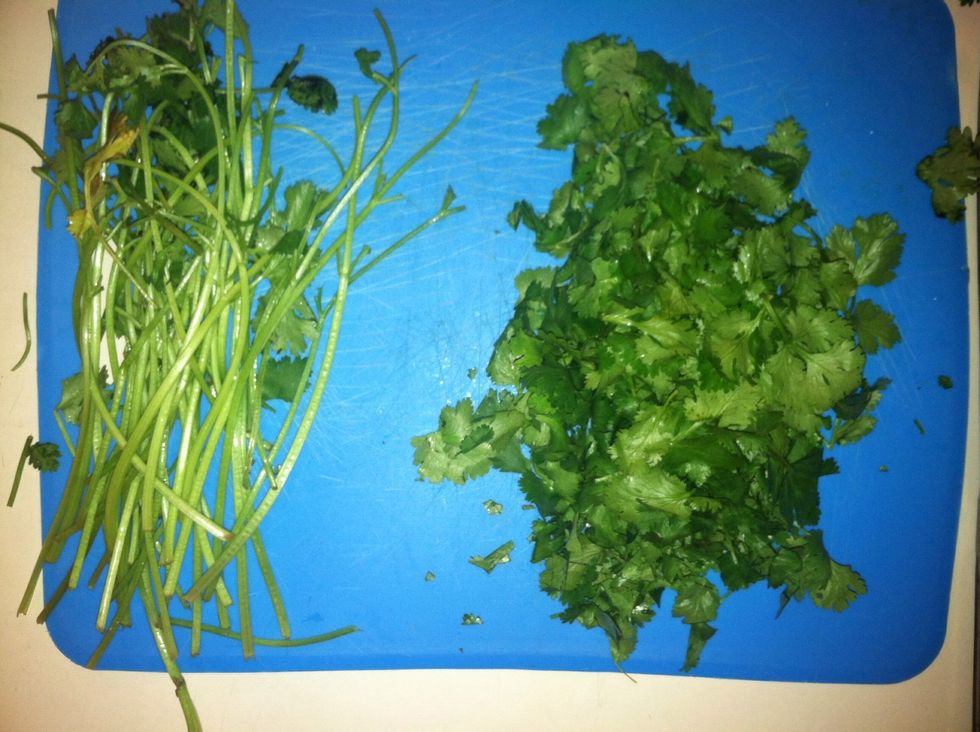 Remove herb leaves from stems. Make sure they are dry. Here I have cilantro.