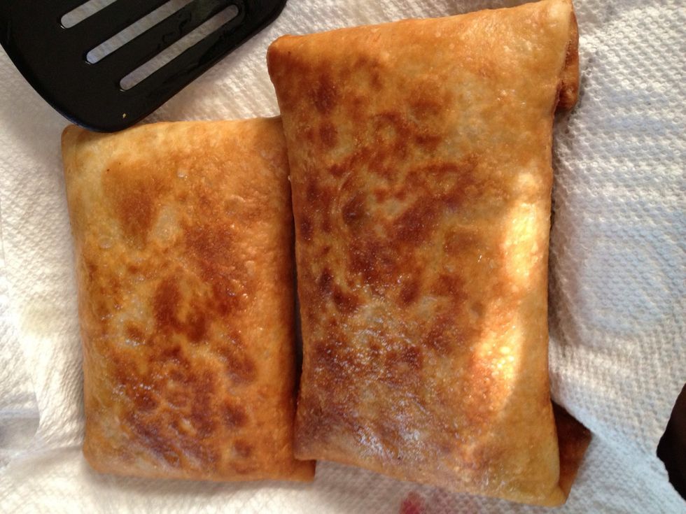 Remove in foil try and place on paper towel. You can eat them right away or I put mine on the oven for 15 mins to remove all oil out and make it more crunchy