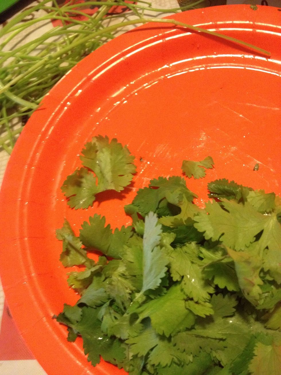 Remove leafs of cilantro from stem until you have a rather large enough quantity to chop.