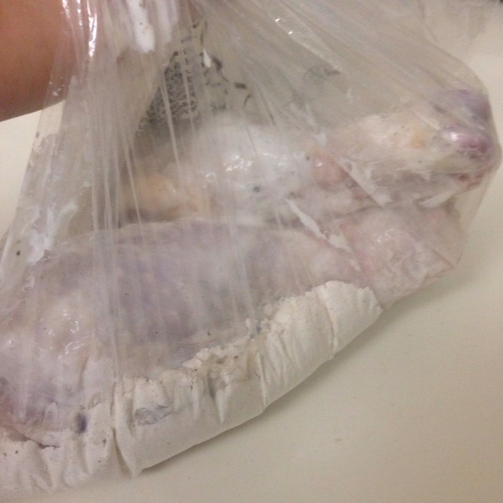 Remove marinated chicken from yogurt, and sprinkle lightly with salt, garlic powder and pepper. Place chicken in bag with flour mixture and shake until chicken evenly coated.