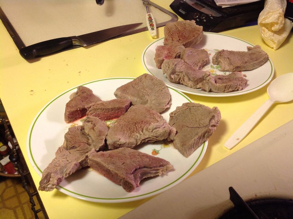 Remove meat and allow to cool to touch (about 10 min), turn range down to low