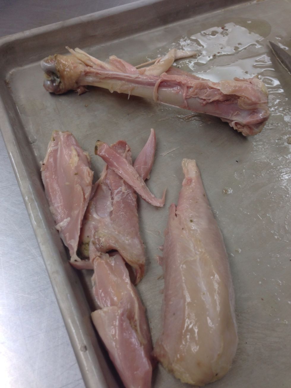 Remove meat from bone. Be sure to pull out any tendons.