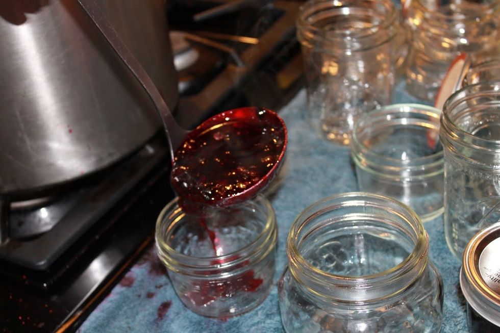 Remove mixture from heat, and skim off any foam. Then ladle mixture quickly into sanitized jars. Before placing lids, clean the rims of the jars with a clean paper towel. Tighten lids until secure.