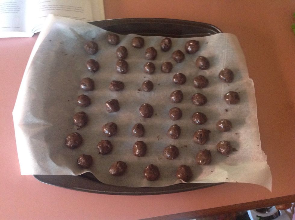 Remove mixture from the large bowl, and roll it into balls, and place them on a paper-lined baking tray & refridgerate
