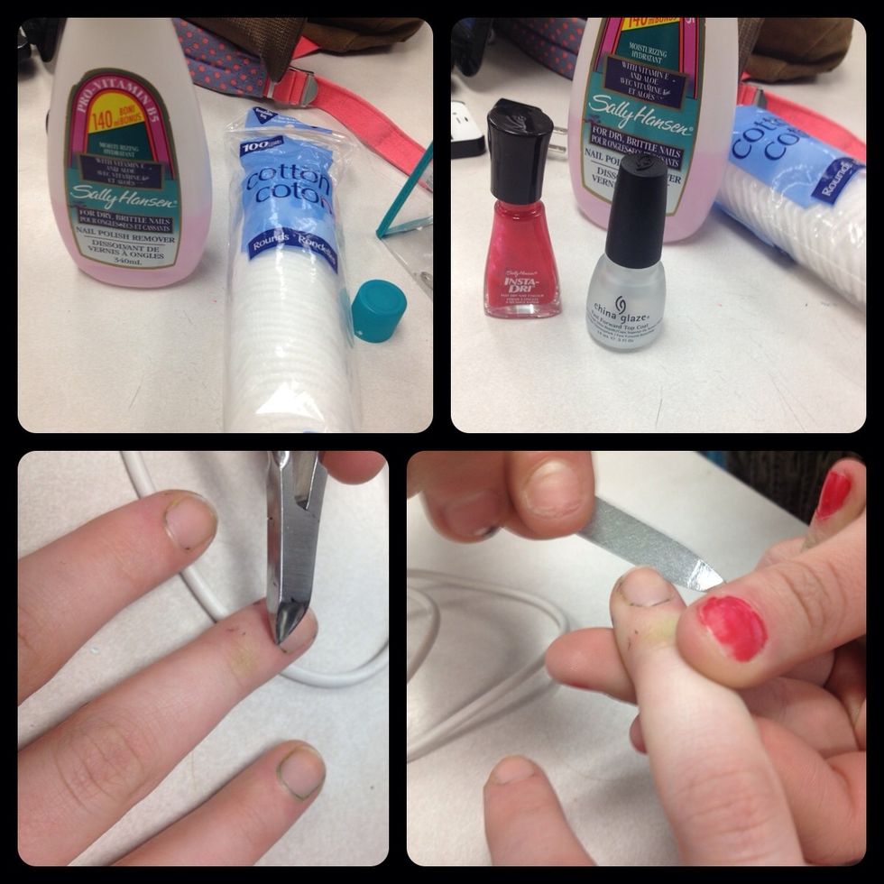 Remove nail polish if any , Remove the cuticle from the nail  File the nails down into your desired shape