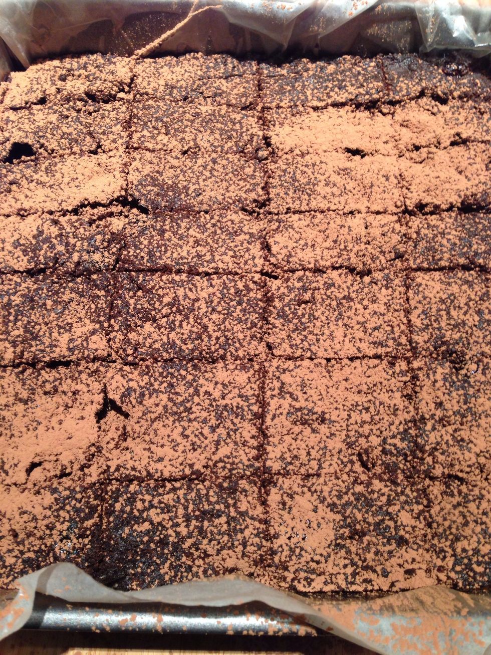 Remove pan from the oven and allow to cool. Slice them into 16-20 pieces. Serve brownies with sifted cocoa