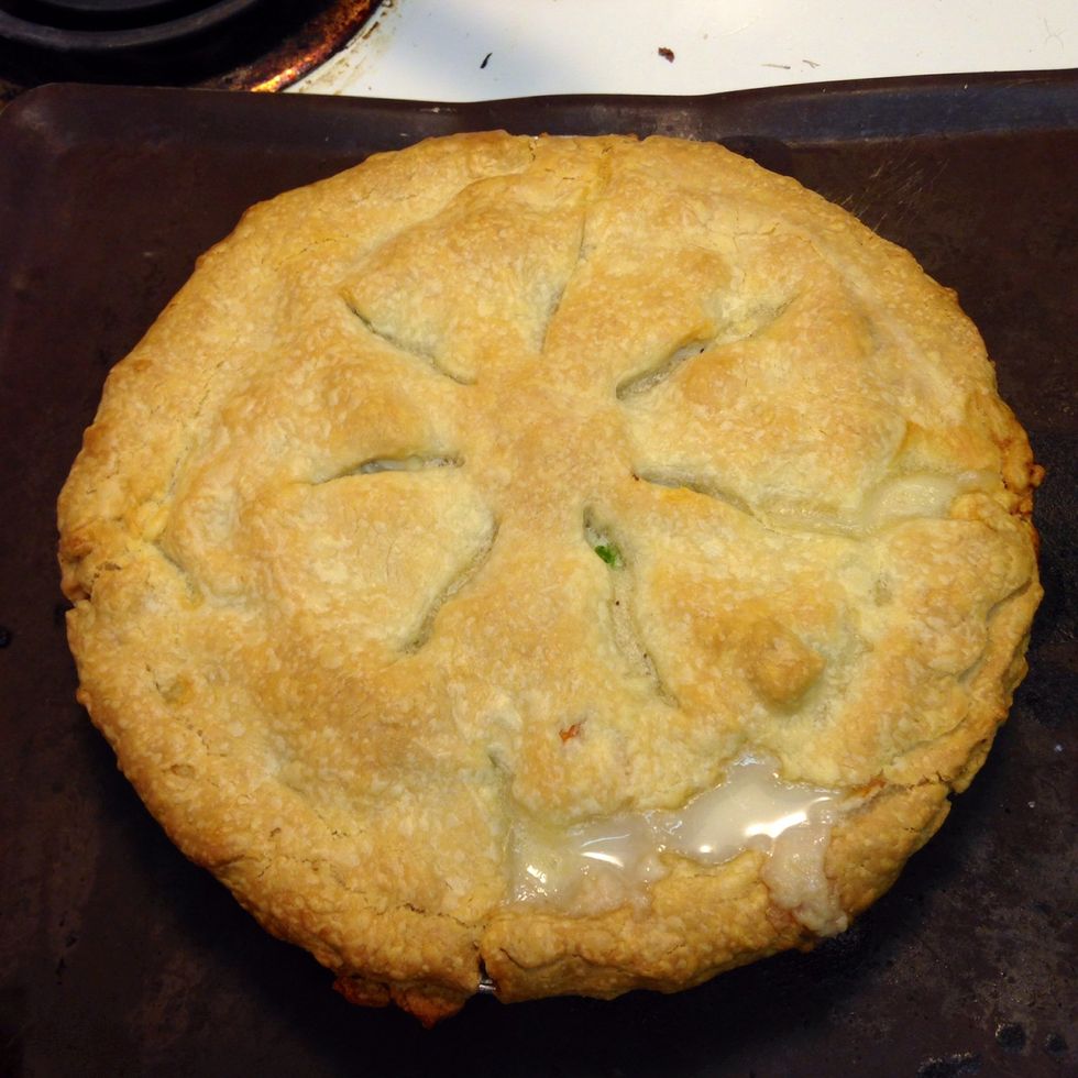 Remove pie from oven, then let it sit for about 10 minutes to complete cooking before slicing and serving.