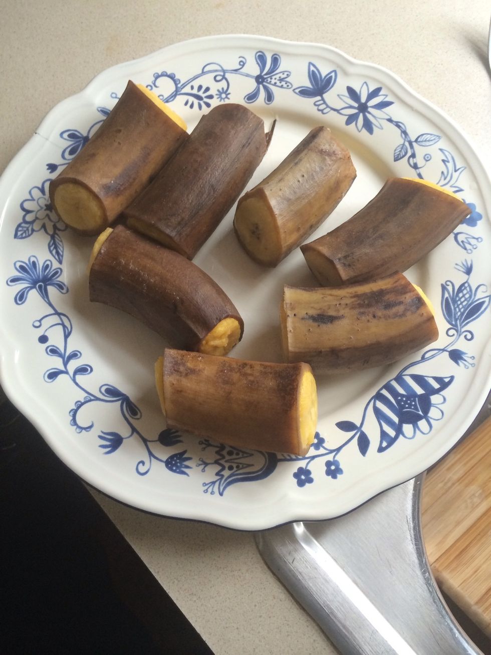 Remove plantains from boiling water when the flesh extends beyond the skin and the skin is super tender