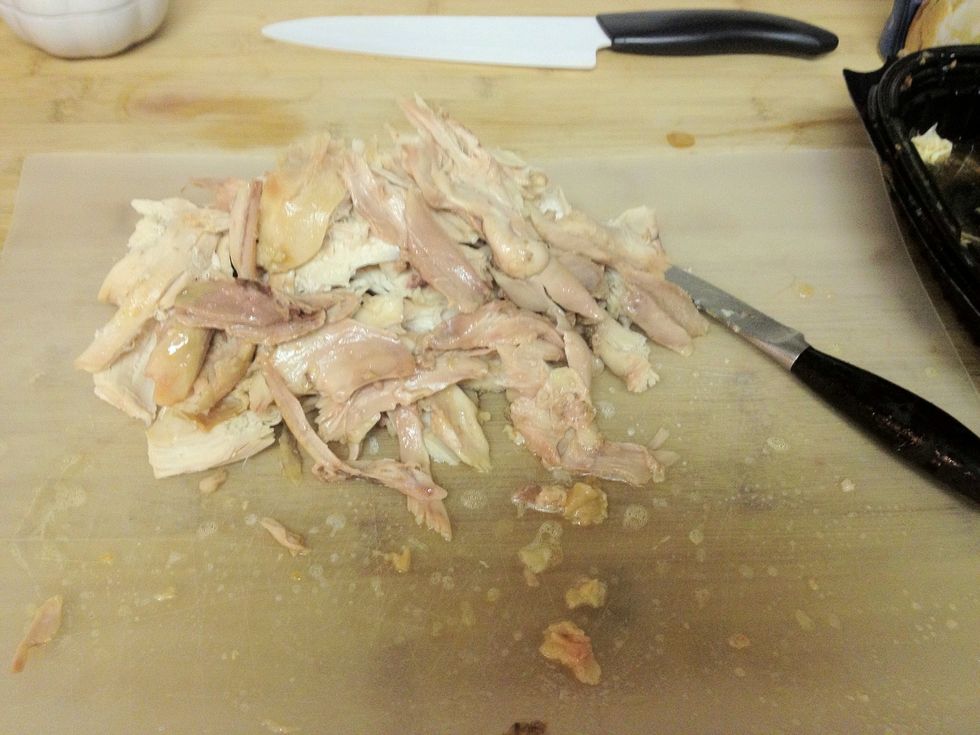 Remove rotisserie chicken from the bone with fingers and leave in fairly big chunks. I like to use more dark meat than white but you can use whatever you prefer. This is 2 legs & thighs & 1 breast.
