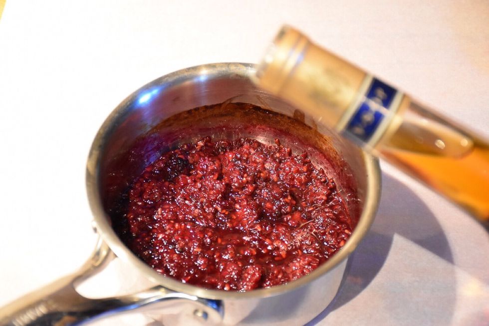 Remove sauce away from heat and add cognac. Place back on high heat and flamb\u00e9 for 2 min. Remove from heat and cover for later.