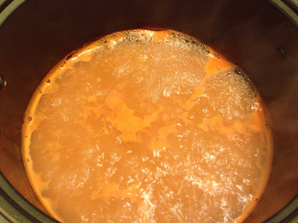 Remove shells from the water strain and fine sift water then bring back to a boil. Skim off any surface foam.