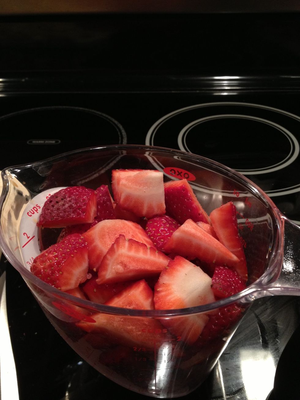 Remove stem and cube strawberries. Should come to about 2 cups worth.