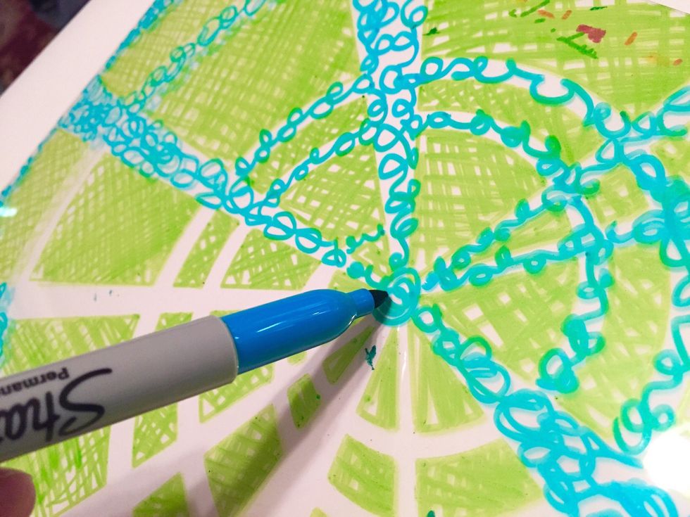 remove stencil and scribble in blank spaces using Aqua Sharpie.
