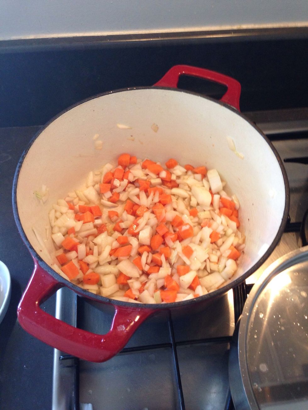 Remove the bacon aside and add in the vegetables using the bacon fat left in the casserole and olive oil.
