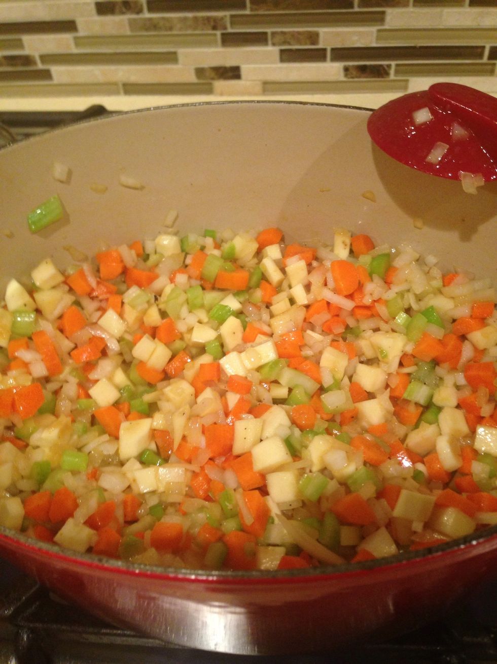 Remove the chicken & add the veggies. Salt with 2 generous pinches of salt. Stir & scrape the bottom of the pot to release those lovely chicken bits. Cook until onions are translucent (5 minutes).