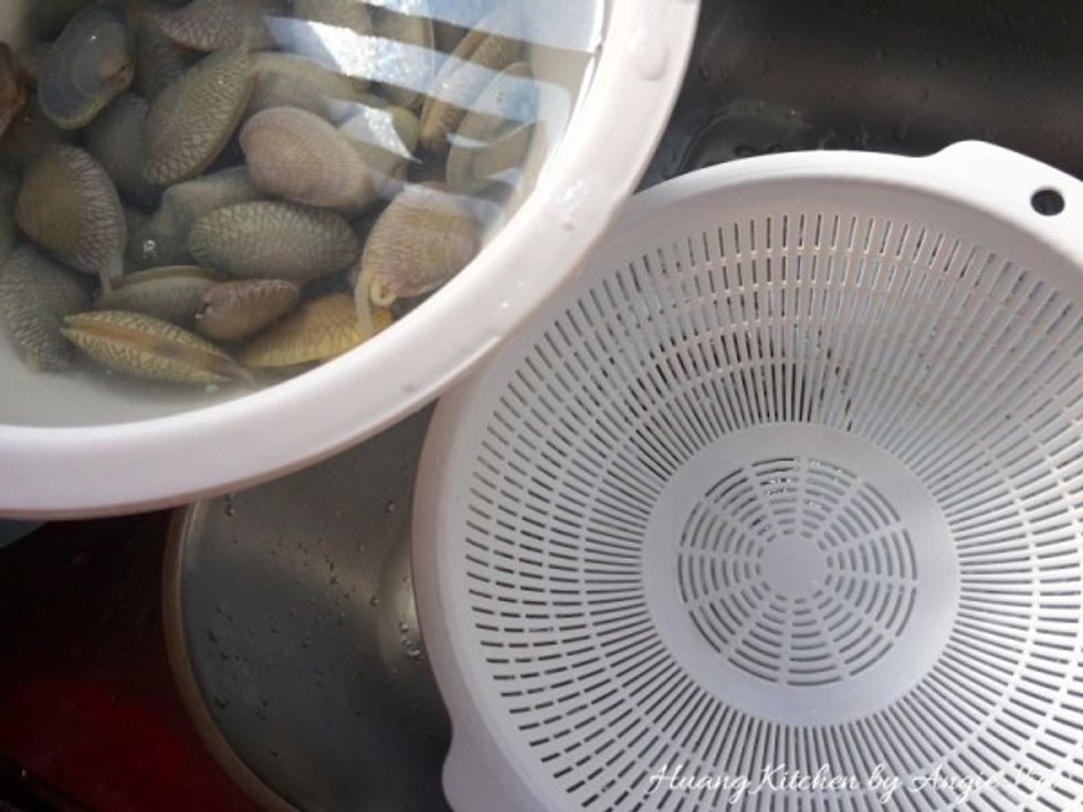 Remove the clams from the used container of water.