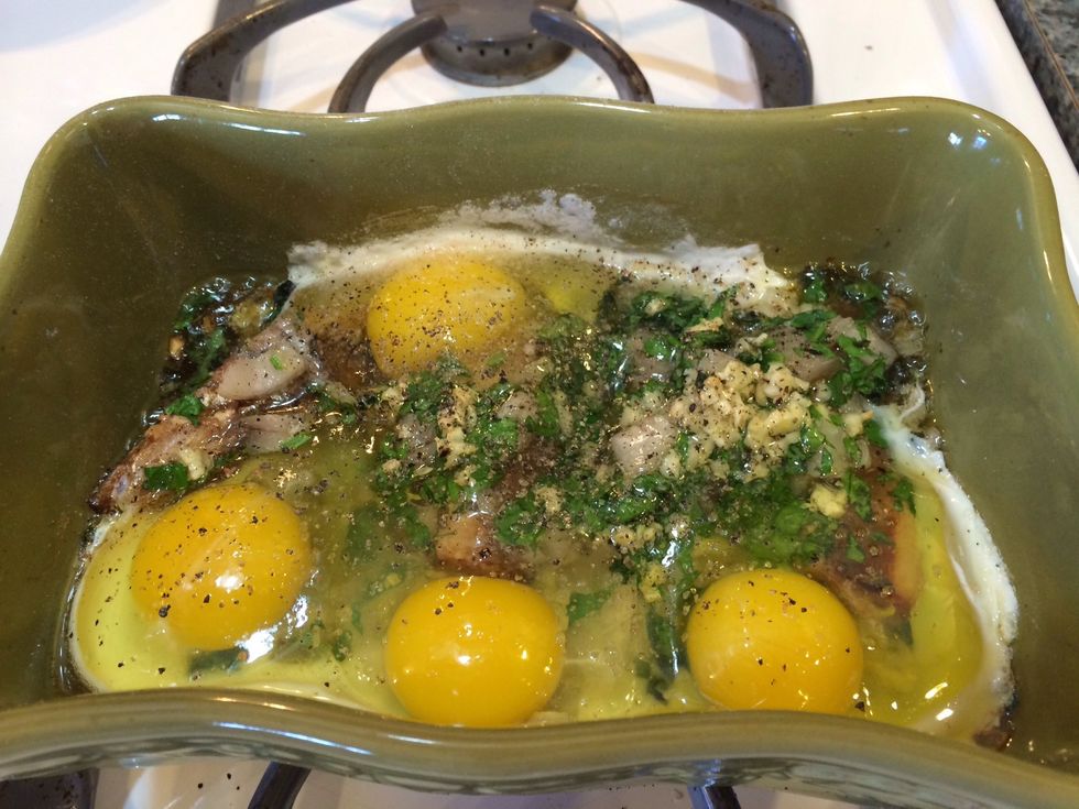 Remove the dish from the oven and pour eggs gently on top of the sardine mixture. Season w/ salt & pepper & put dish back in oven for seven minutes until the egg whites are cooked but still jiggly.