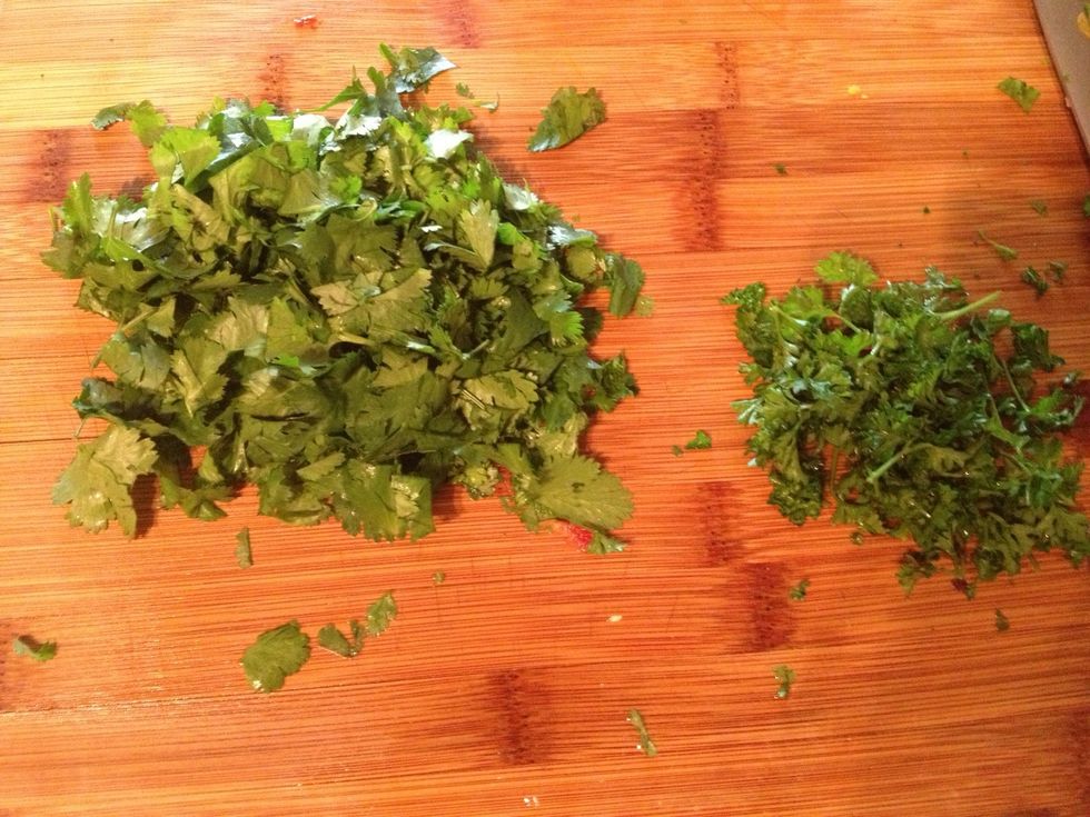 Remove the leaves and chop into small pieces. Set aside approximately 1/4 of the cilantro and save for the salad dressing.
