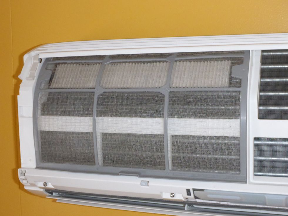 Remove the lint/dust filters. Lift the bottom a little, and pull them towards you. The plastic grid may be cleaned with warm water and a soft cloth. The filters may be replaced or cleaned.