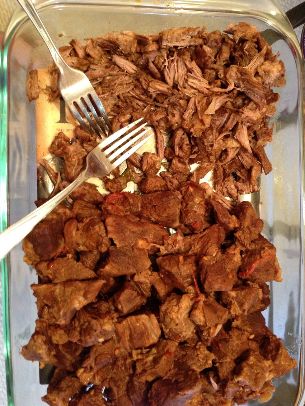 Remove the meat and shred it with a fork.