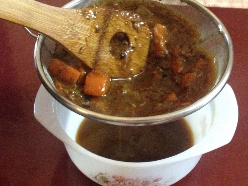 Remove the meat from the pot and strain braising liquid through a fine sieve, pressing on the solids to extract as much liquid as possible (discard solids).