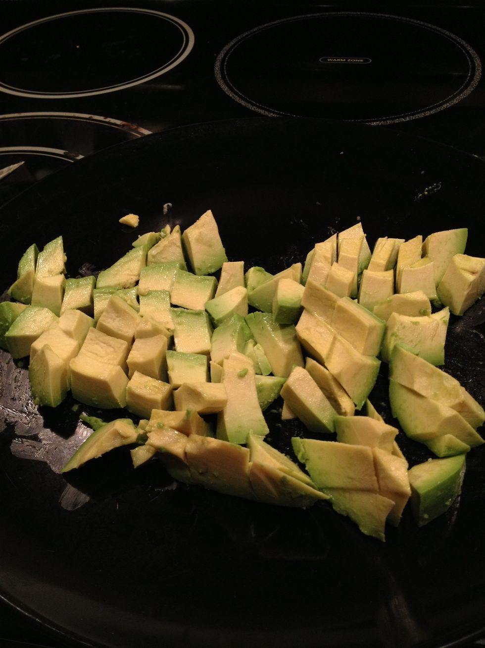 Remove the pit and skin the avacado. Cut into smaller pieces and then mash with a fork. Ten add to the bowl.