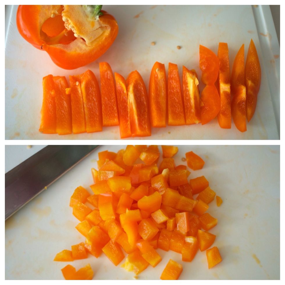 Remove the seeds from your bell peppers then cut as pictured above. I like everything to be uniform in size so when you take a bite it's more balanced in flavor. Cut to size of chickpeas.