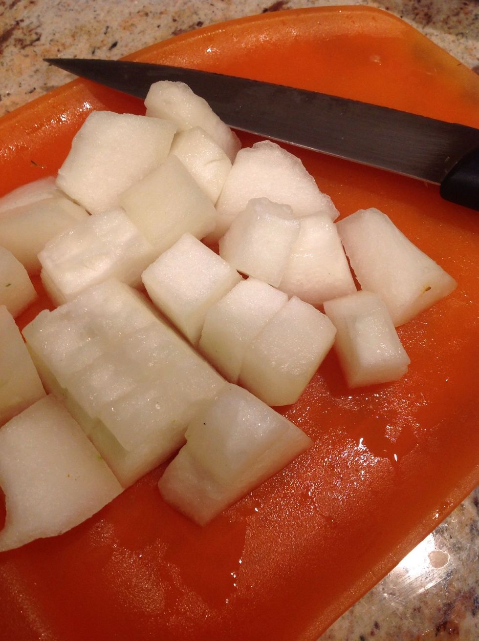 Remove the skin and dice into chunky cubes.