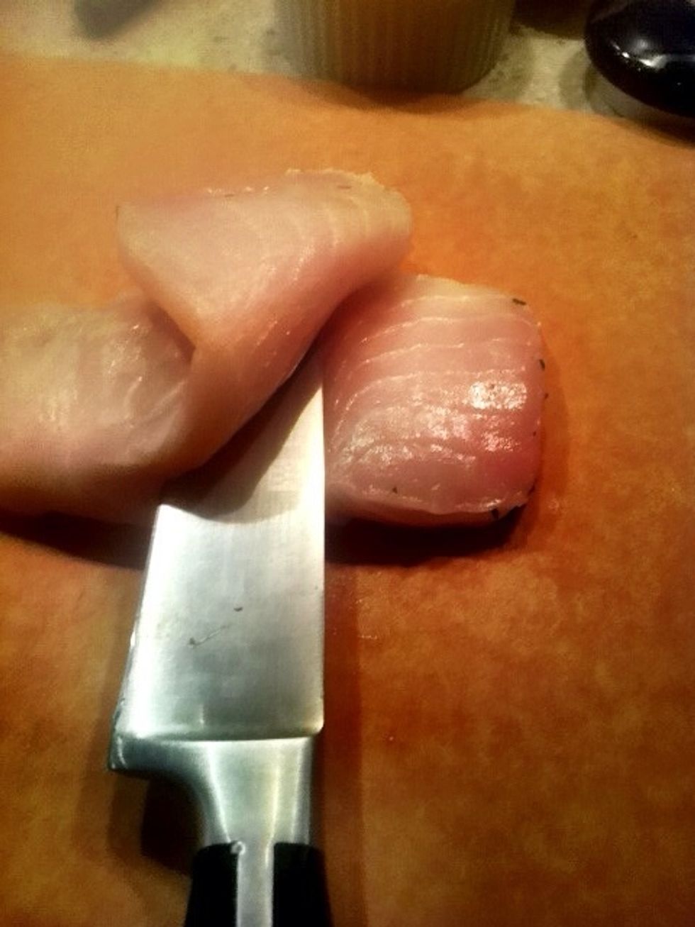 Remove the skin from the halibut, and if it's thick, slice lengthwise so that it's no more than 1cm thick.
